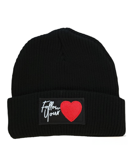 Follow your heart beanie. Black/Red & White